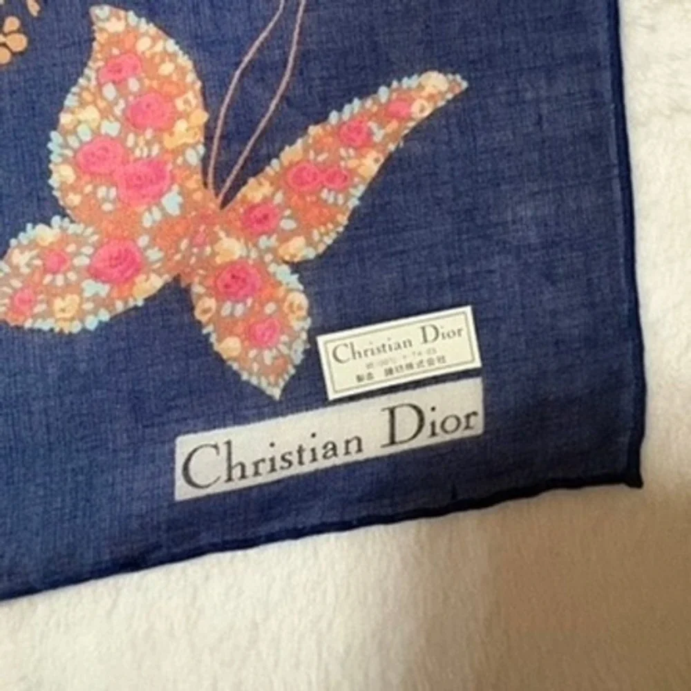 Vtg CHRISTIAN DIOR Scarf Handkerchief Butterfly Floral Cotton Navy Blue 17.5